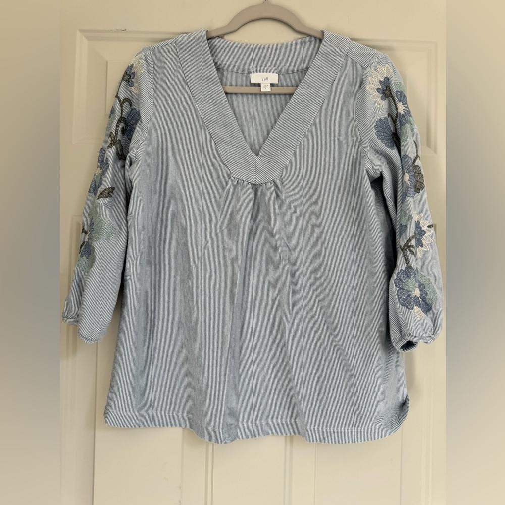 J. Jill Striped Blue Blouse with Floral Embroidery